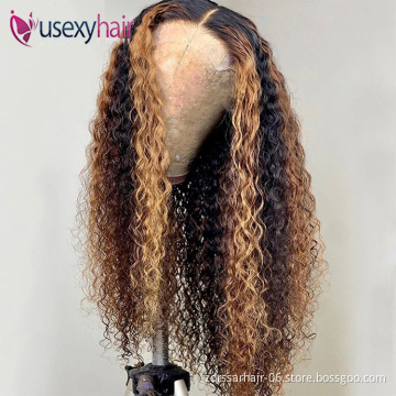Wholesale honey brown color virgin hair frontal wig full hd lace front human hair wigs water wave brazilian highlight wig